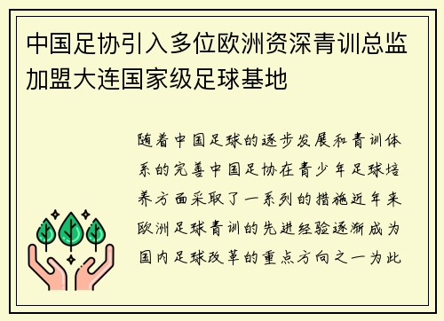 中国足协引入多位欧洲资深青训总监加盟大连国家级足球基地 中国足协引入多位欧洲资深青训总监加盟大连国家级足球基地